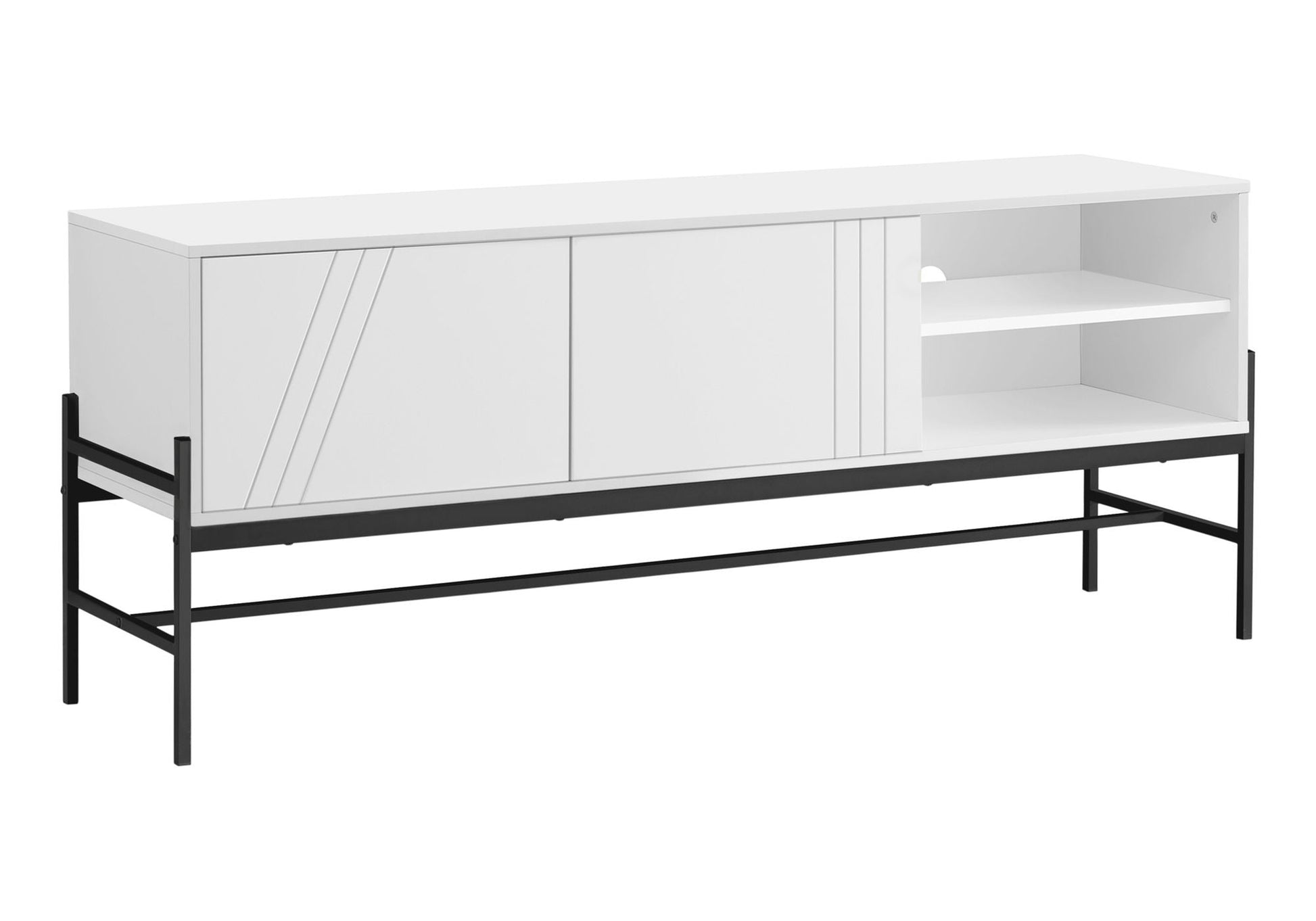 Contemporary 60-Inch TV stand with storage cabinet in white, on black metal frame, HouseOfZazla on Tampa Home & Garden Store