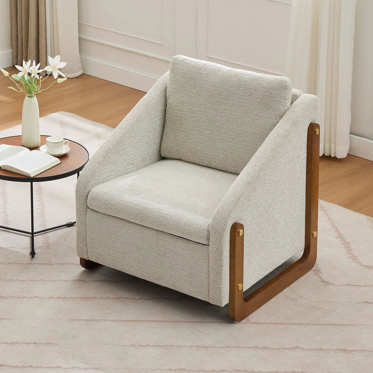 Modern upholstered armchair with beige textured fabric and a wooden side frame on Tampa Home & Garden Store