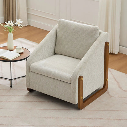 Modern upholstered armchair with beige textured fabric and a wooden side frame on Tampa Home & Garden Store