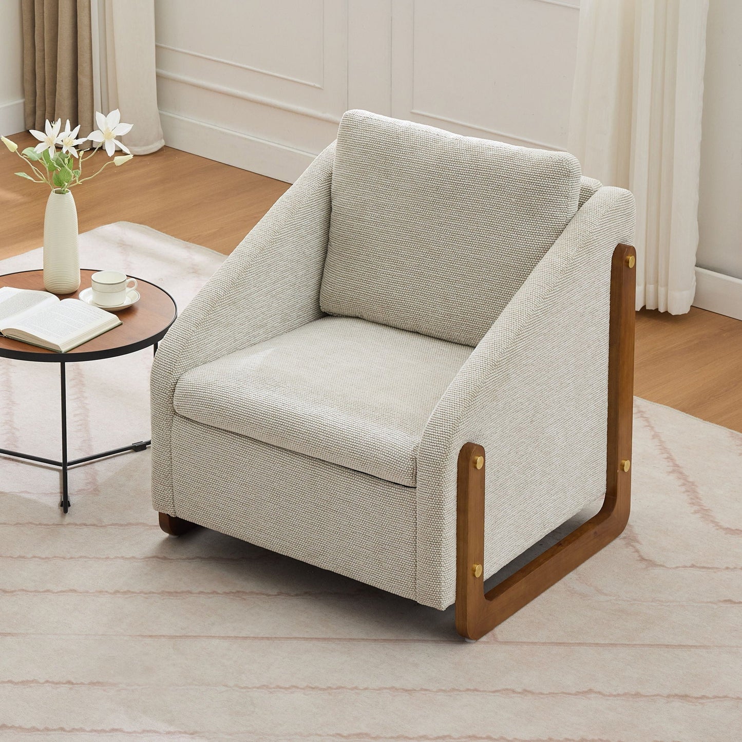 Modern upholstered armchair with gray textured fabric and wooden side frame by HouseOfZazla on Tampa Home & Garden Store