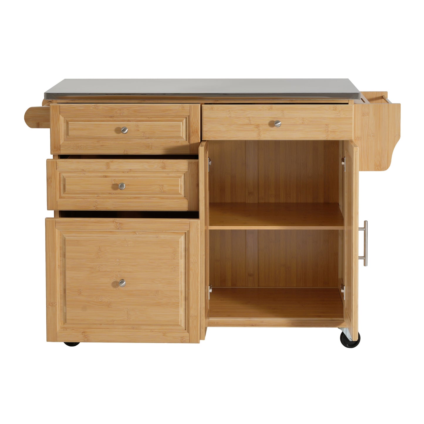 Bamboo Rolling Kitchen Island with Steel Top