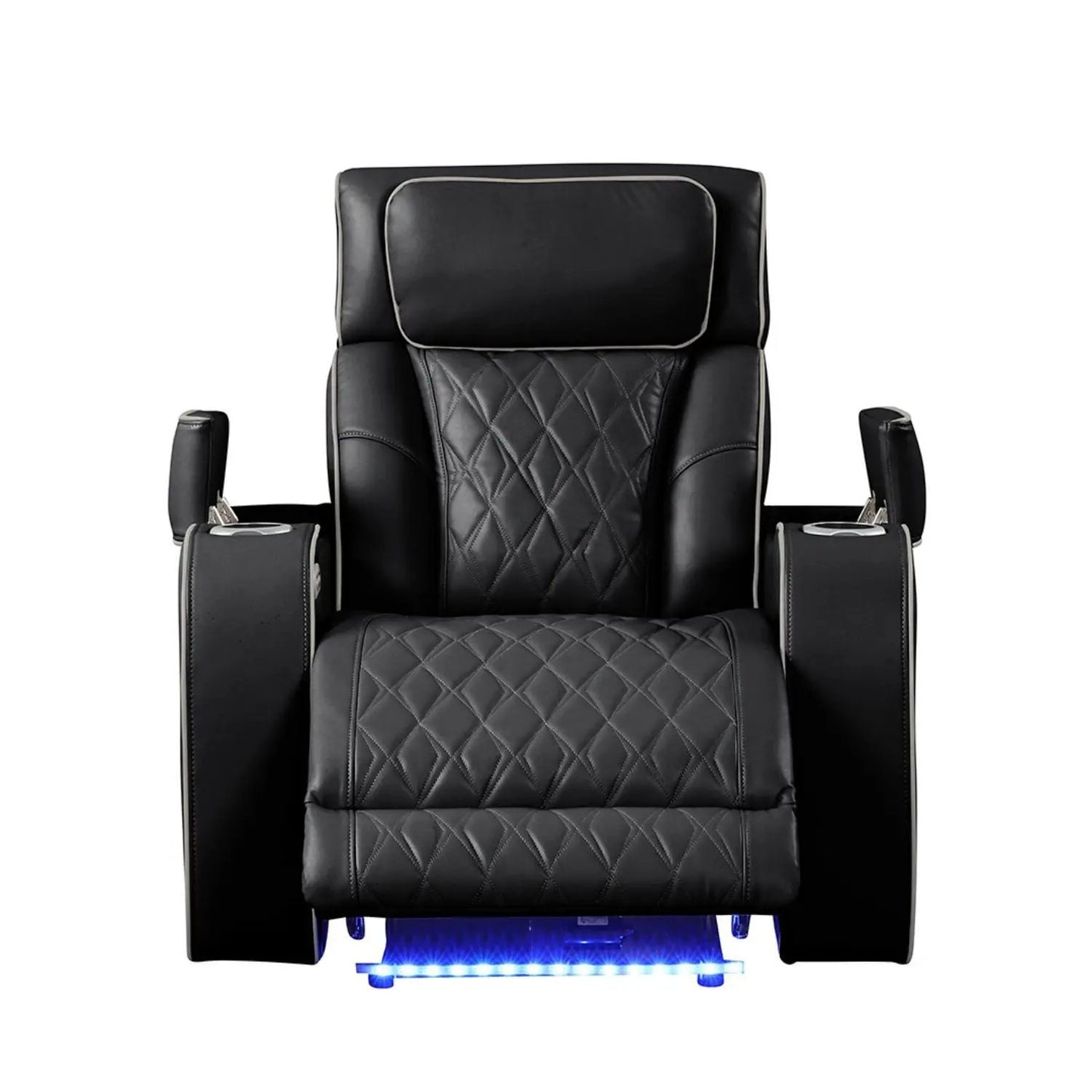 Fortuner Power Reclining Chair in black quilted leather with headrest and blue LED base on Tampa Home & Garden Store