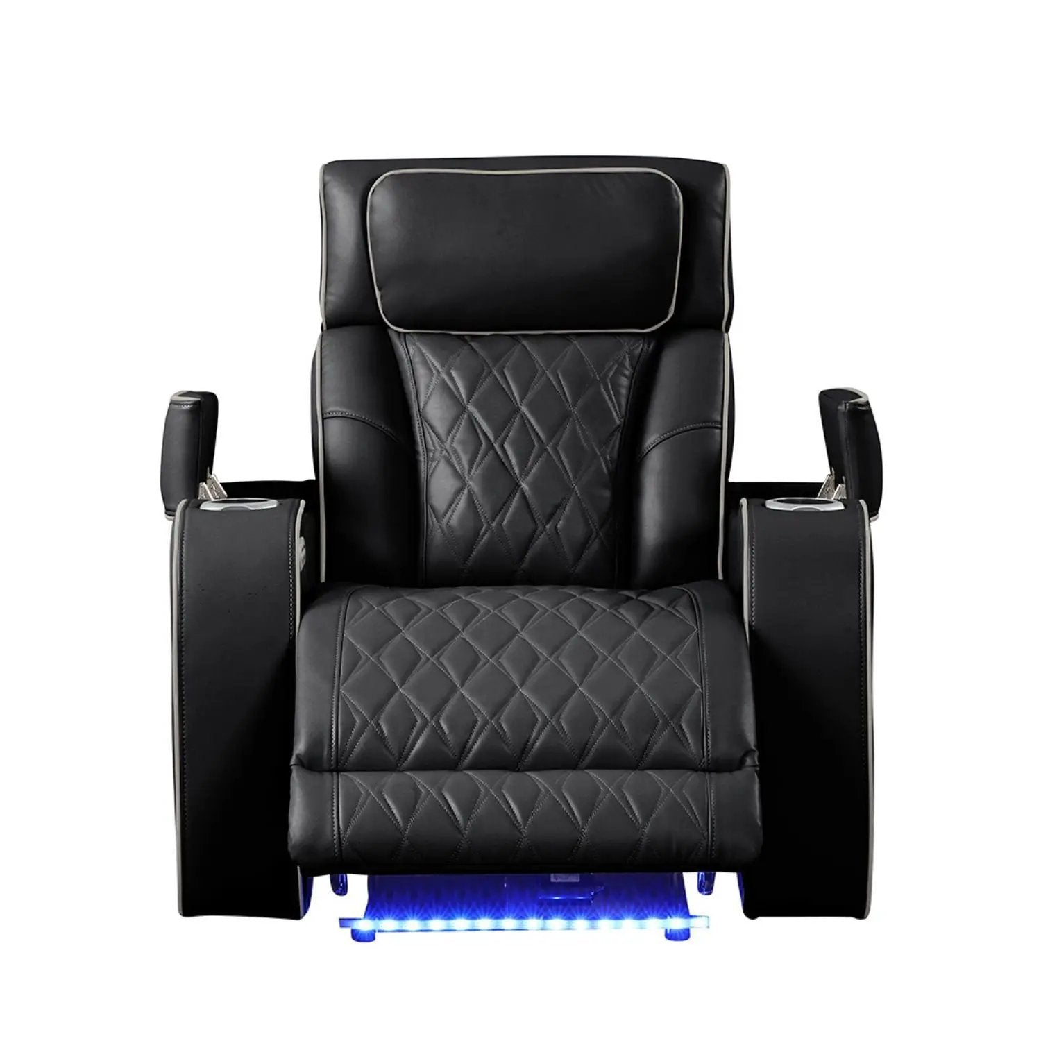 Fortuner Power Reclining Chair in black quilted leather with headrest and blue LED base on Tampa Home & Garden Store