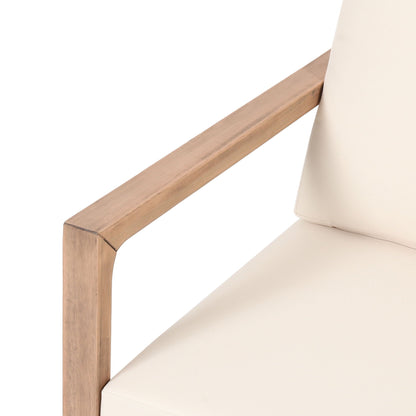 Outdoor Acacia Wood Patio Club Chair with beige cushion and natural wood armrests HouseOfZazla on Tampa Home & Garden Store