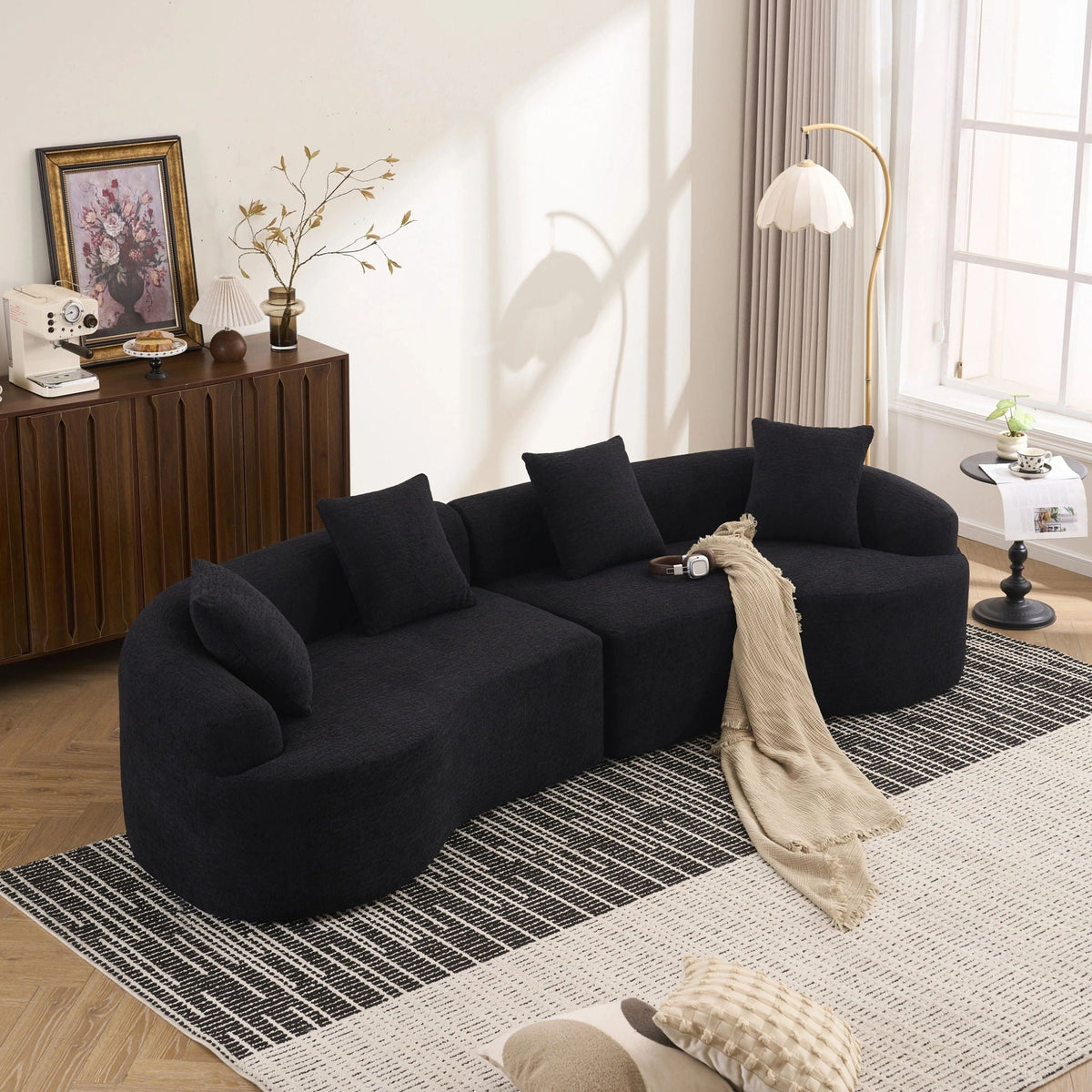 4 Seater Fabric Sofa by HouseOfZazla, stationary sectional in black fabric with 4 cushions on Tampa Home & Garden Store