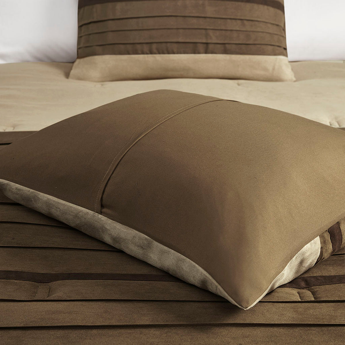 7 Piece Faux Suede Comforter Set Natural Queen by HouseOfZazla brown with beige underside on Tampa Home & Garden Store