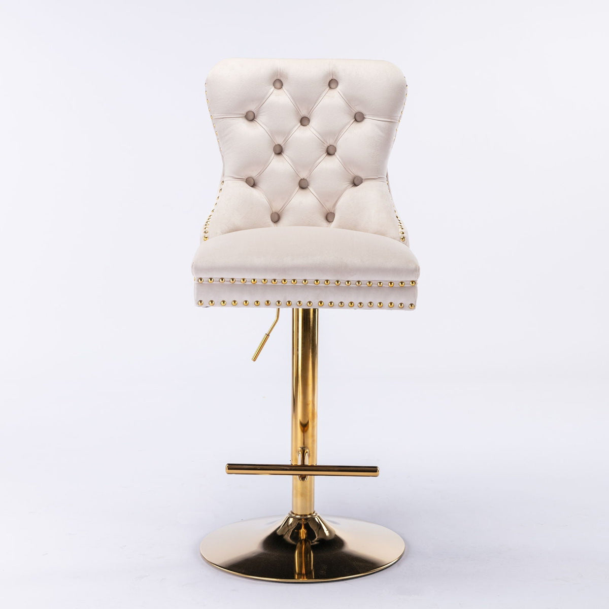 Cream tufted bar stool with adjustable height, gold nailhead trim on a gold pedestal base on Tampa Home & Garden Store