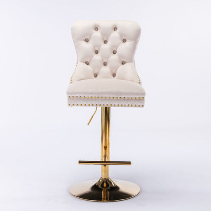 Cream tufted bar stool with adjustable height, gold nailhead trim on a gold pedestal base on Tampa Home & Garden Store