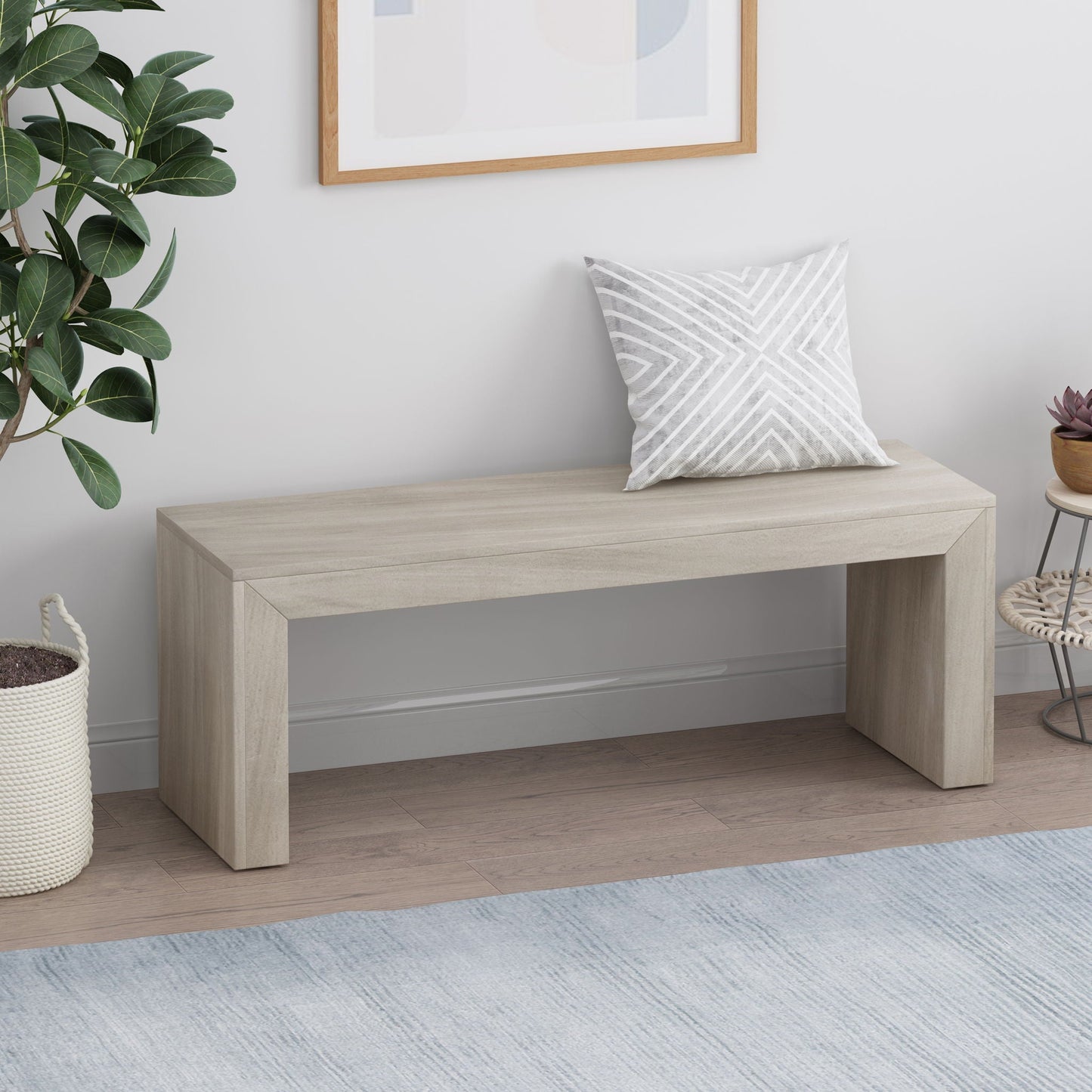 Acacia Wood Dining Bench Farmhouse Style in natural finish; plant and framed art decor on Tampa Home & Garden Store