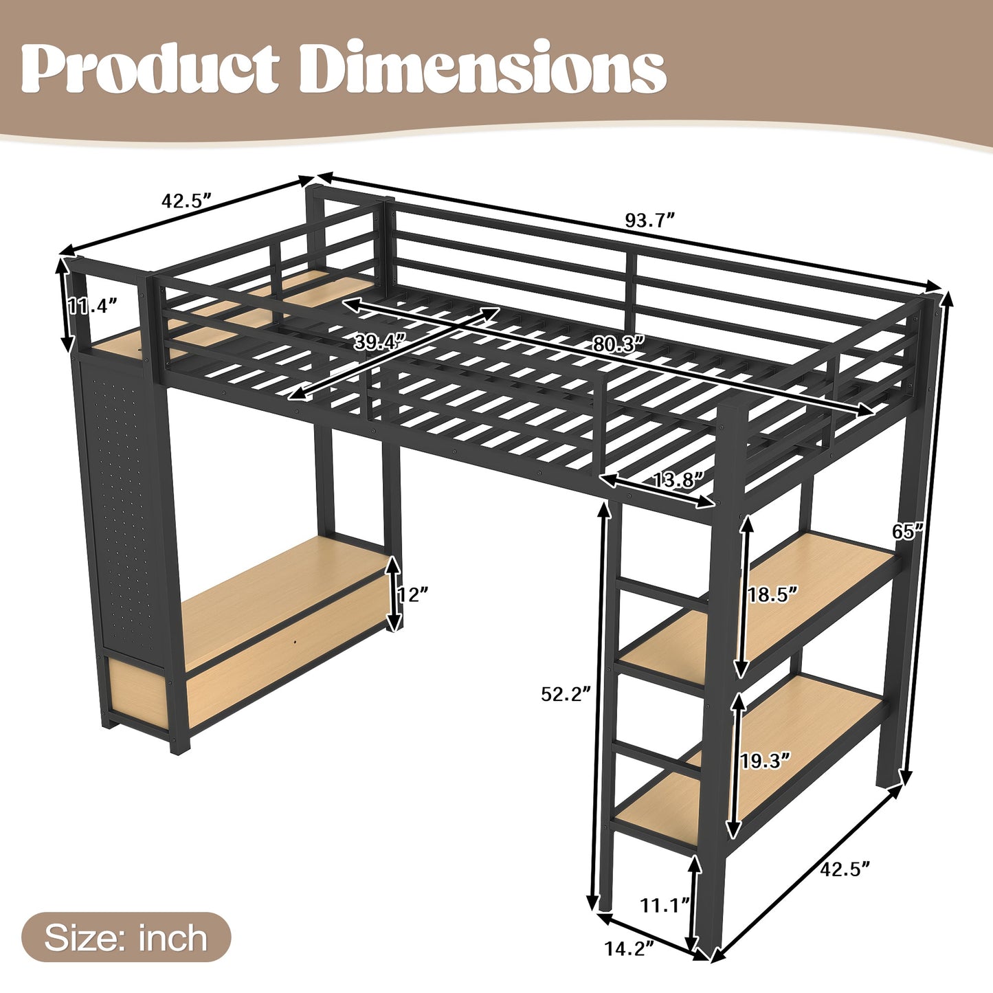 Twin XL Metal Loft Bed With Wardrobe and Shelves