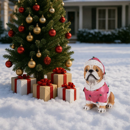 Christmas pug statue in pink Santa coat beside wrapped gifts and a decorated tree on Tampa Home & Garden Store