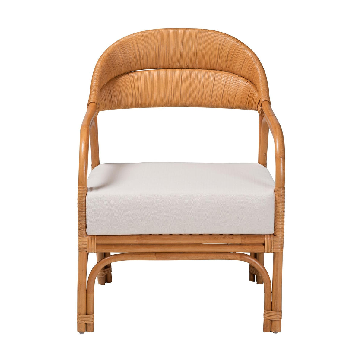 Honey Rattan Accent Chair by HouseOfZazla with curved back and beige cushion on Tampa Home & Garden Store