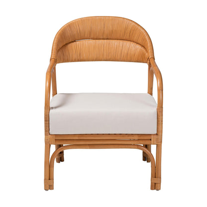 Honey Rattan Accent Chair by HouseOfZazla with curved back and beige cushion on Tampa Home & Garden Store
