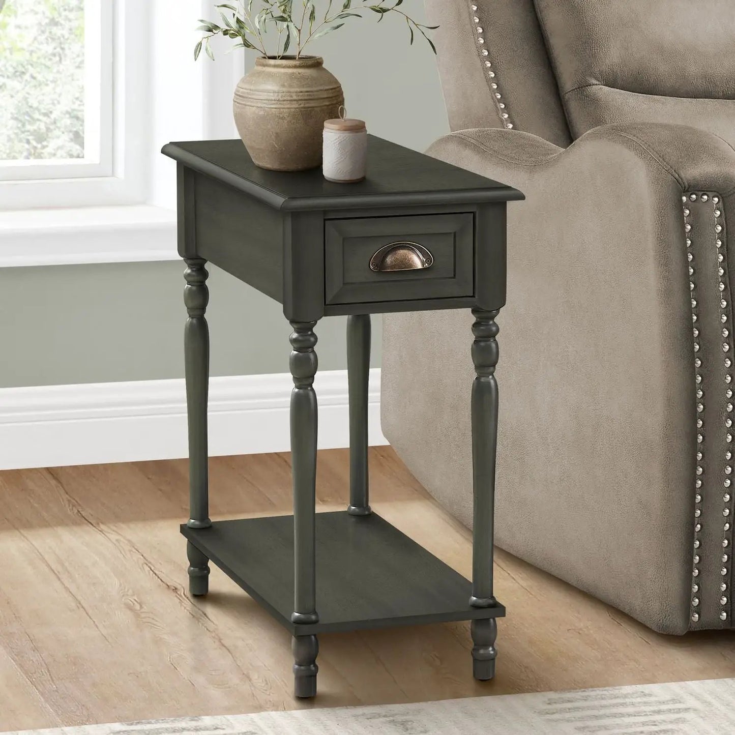 Accent Side Table 2-Tier with storage drawer in dark green finish, traditional turned-leg design on Tampa Home & Garden Store