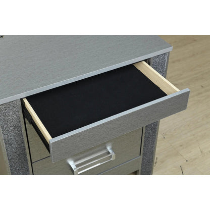 Lorenzo nightstand with hidden compartment; silver finish, open drawer reveals black interior and light wood sides on Tampa Home & Garden Store