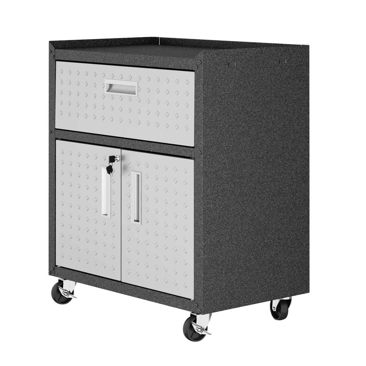 Mobile garage cabinet with locking system, gray diamond-plate doors on dark gray body on Tampa Home & Garden Store