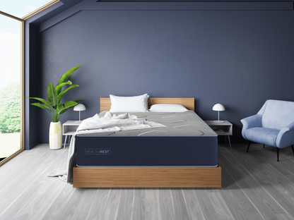Healthrest by Restonic polar breeze plush mattress on a wooden bed with a navy wall on Tampa Home & Garden Store