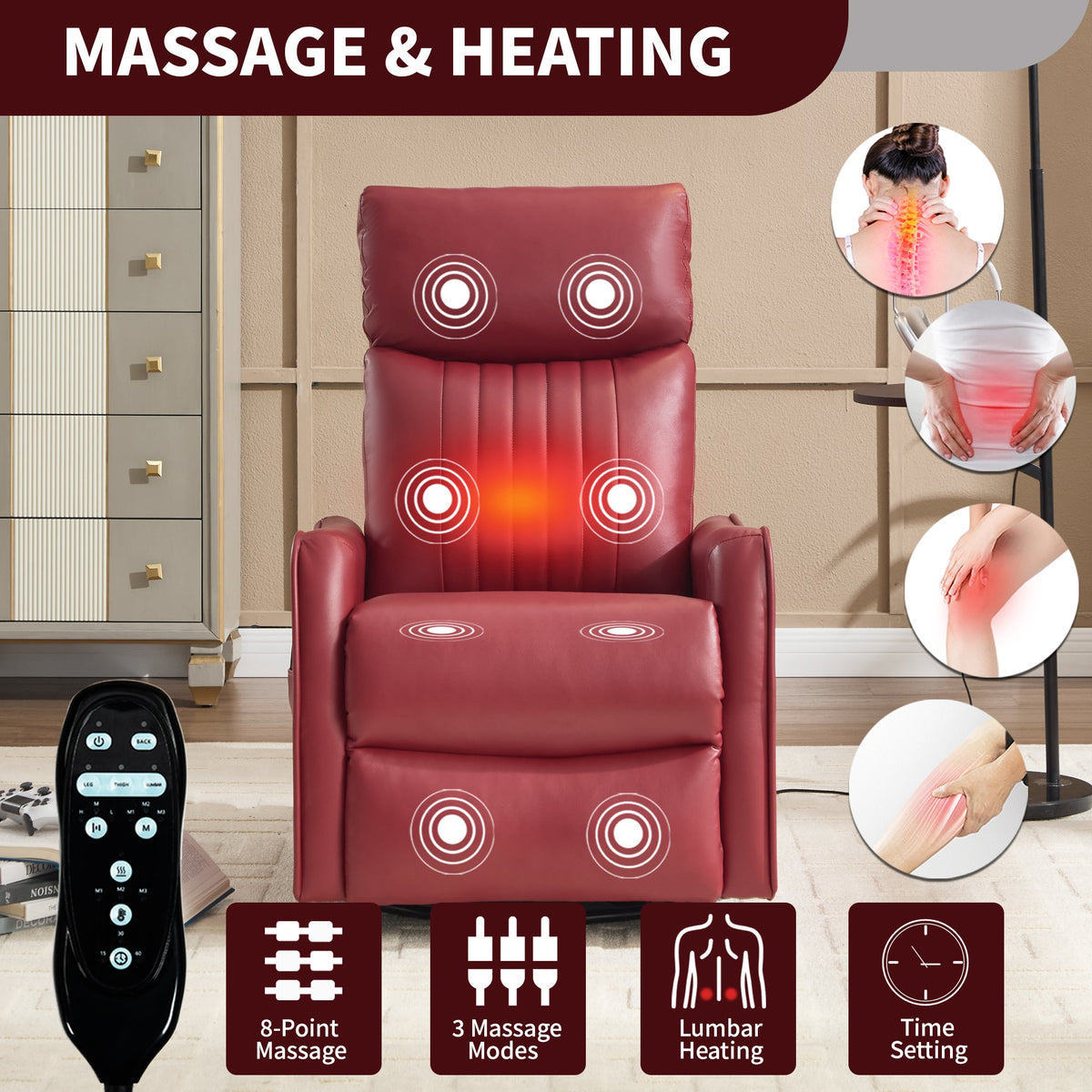 Red faux leather heat massage manual recliner chair with rocker and swivel by HouseOfZazla on Tampa Home & Garden Store