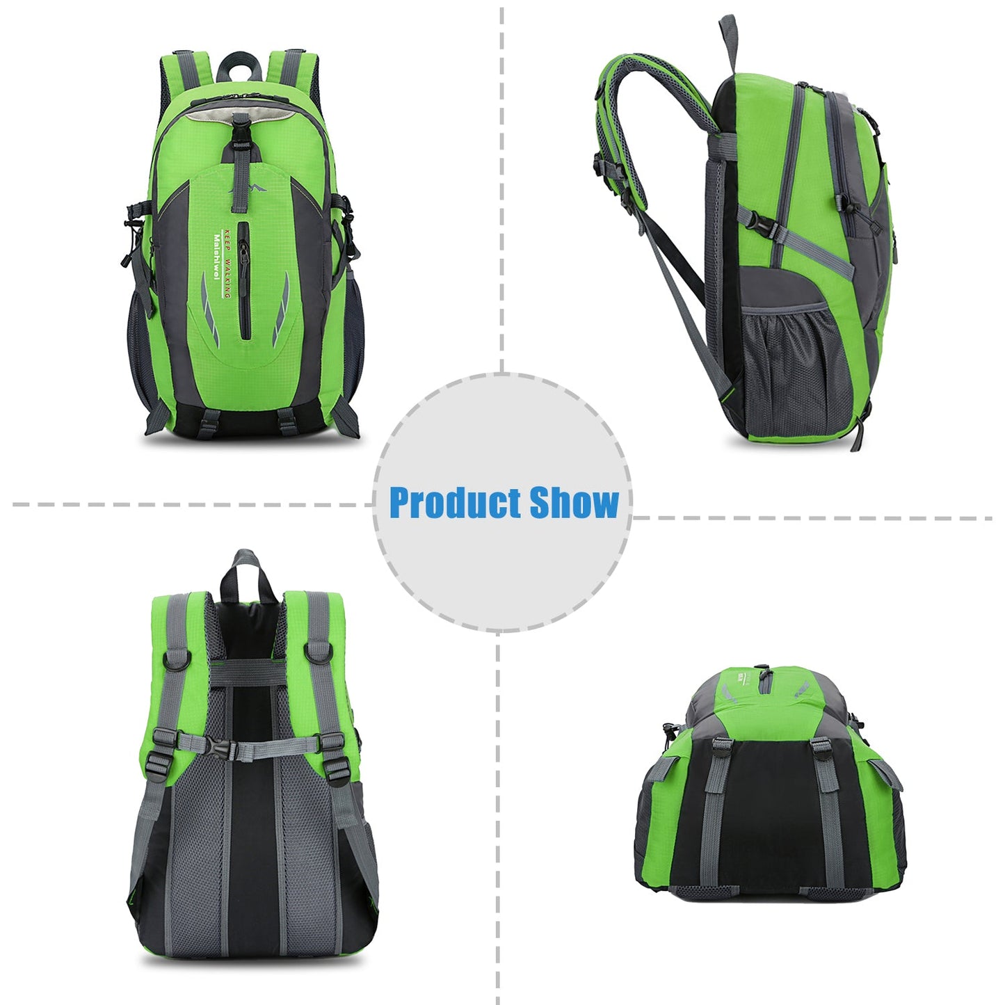 GemGear 36L waterproof outdoor hiking backpack lime green with gray panels, multi-view on Tampa Home & Garden Store