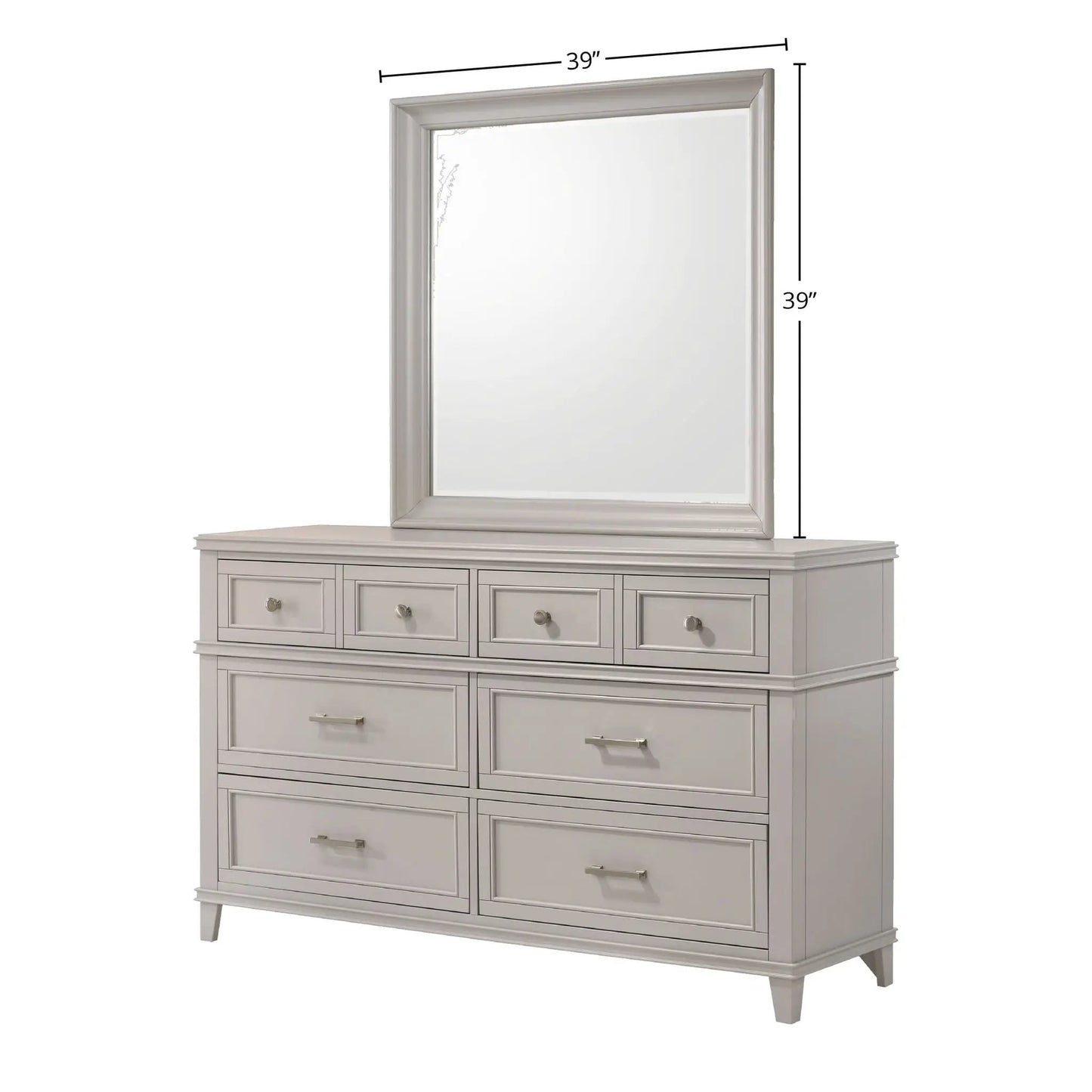 Square Mirror by Unique Piece Furniture with a silver frame atop a light gray multi-drawer dresser on Tampa Home & Garden Store