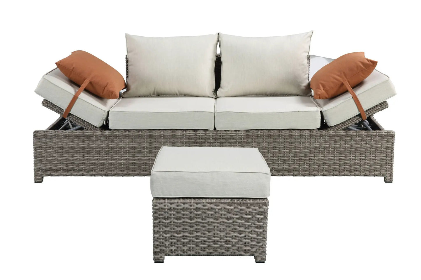 Salena all-weather wicker sofa & ottoman 2pc outdoor set with beige cushions and orange pillows on Tampa Home & Garden Store