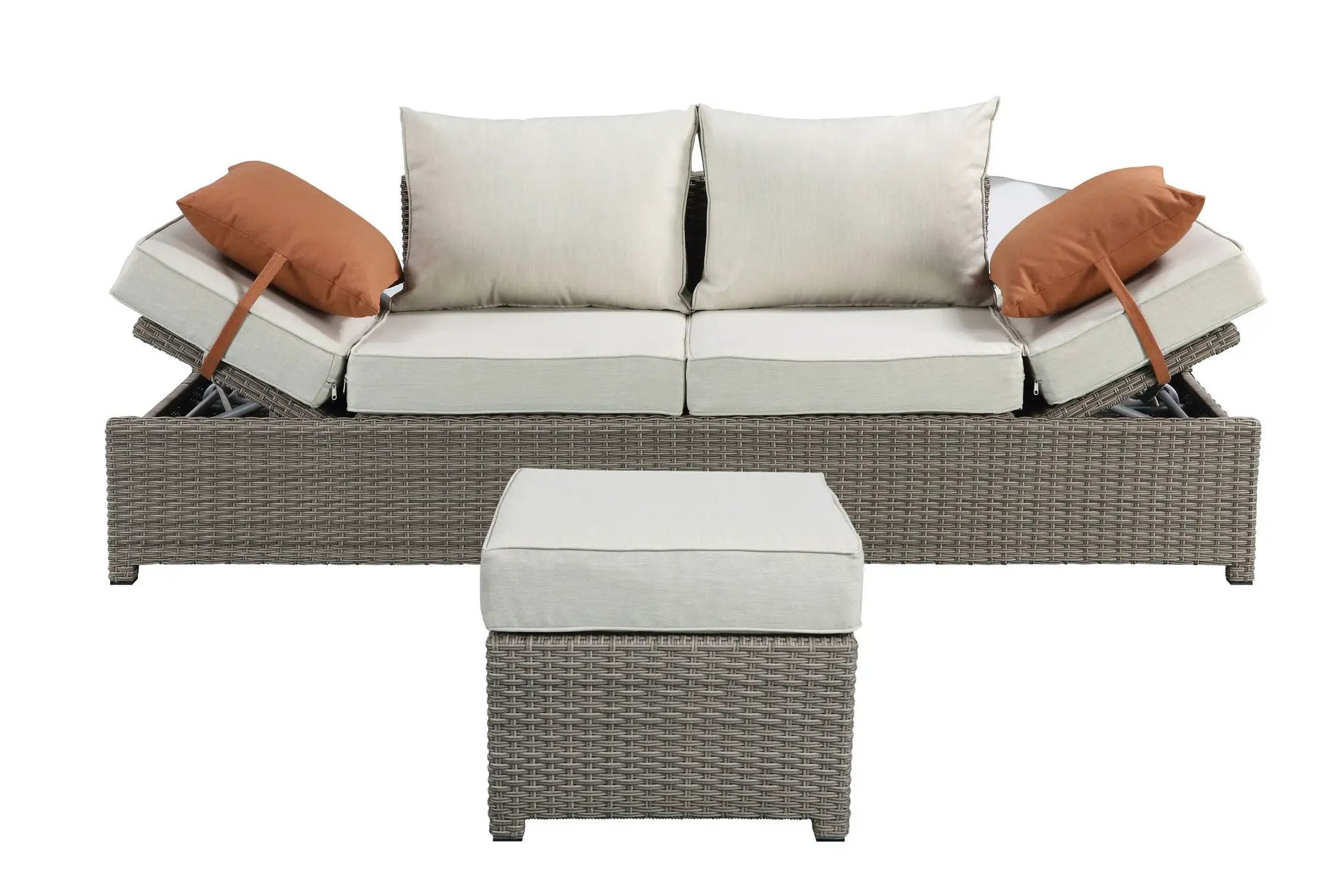Salena all-weather wicker sofa & ottoman 2pc outdoor set with beige cushions and orange pillows on Tampa Home & Garden Store