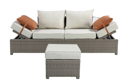 Salena all-weather wicker sofa & ottoman 2pc outdoor set with beige cushions and orange pillows on Tampa Home & Garden Store