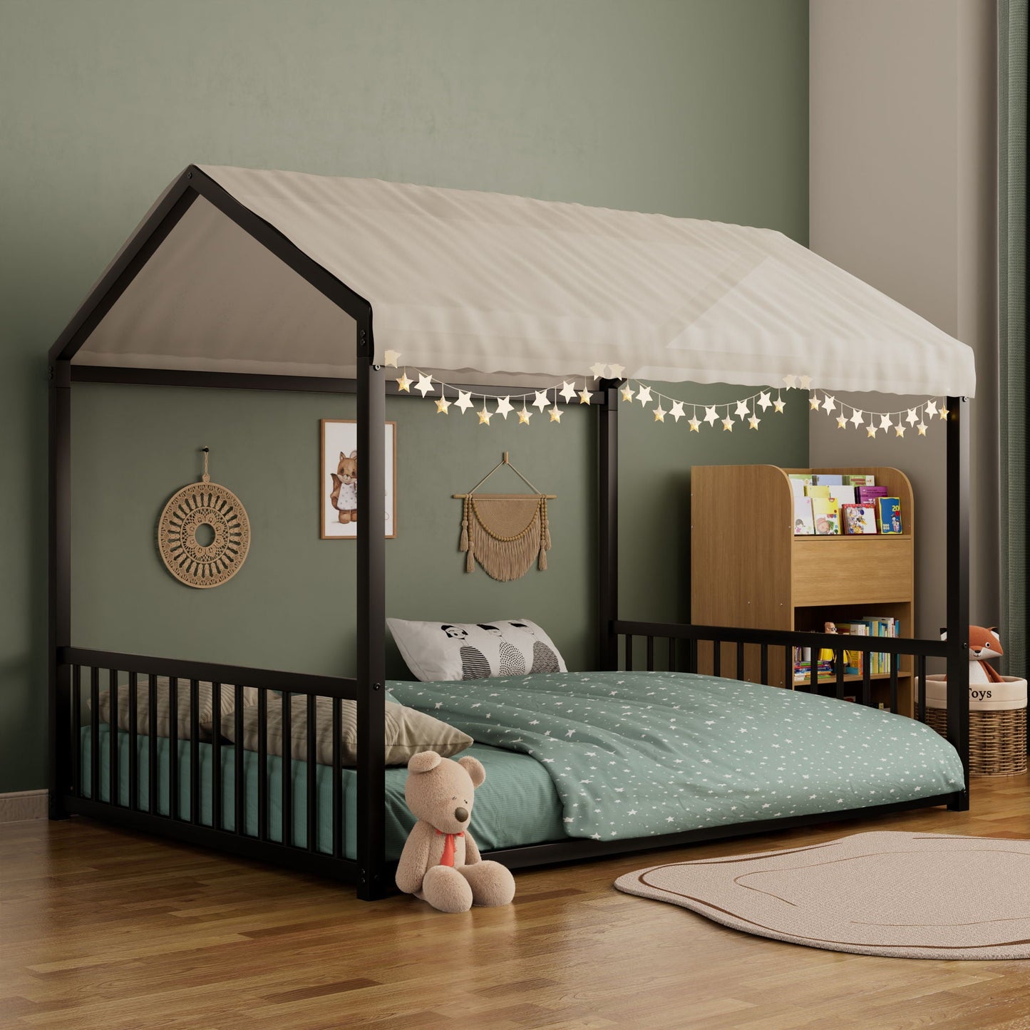 Montessori style floor house-shaped canopy bed with safety guardrails, black metal frame on Tampa Home & Garden Store