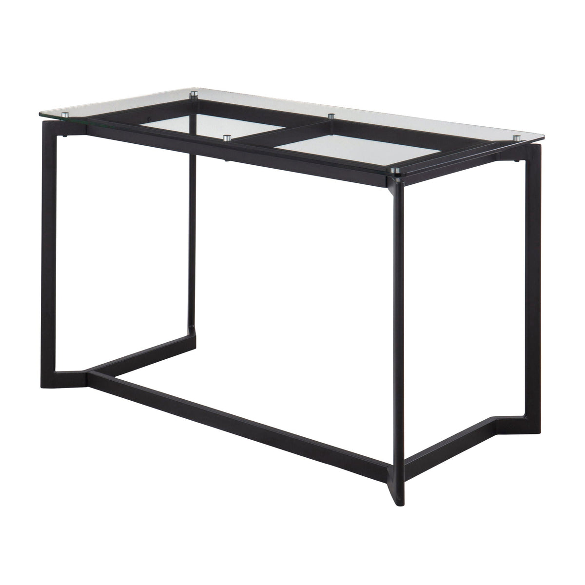 Modern office desk with tempered glass top on a black metal frame on Tampa Home & Garden Store