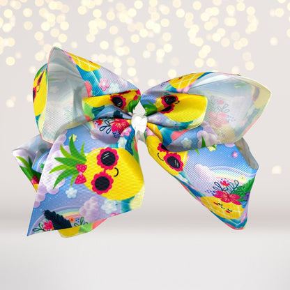 Hair Bow pair 8-inch fruit prints watermelon cherry avocado banana pineapple ribbons on Tampa Home & Garden Store