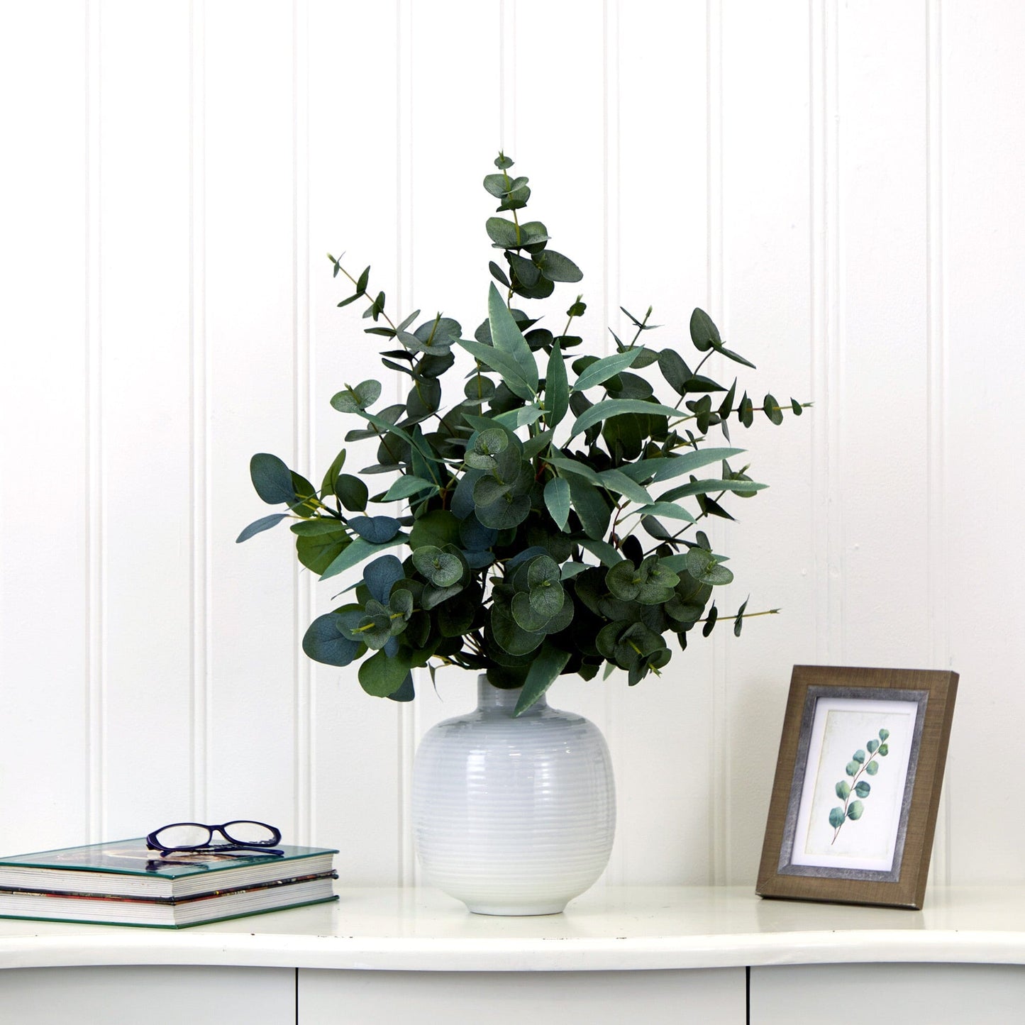 24” Artificial Eucalyptus Leaves Arrangement with Ceramic Planter - Tampa Home & Garden Store