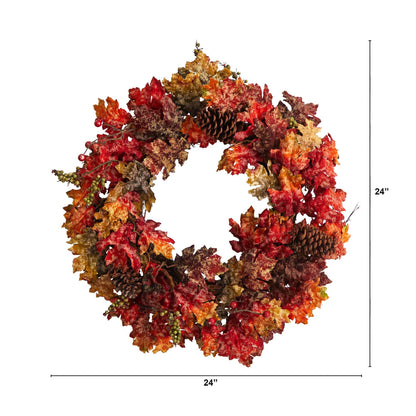 24” Autumn Maple, Berries and Pinecone Fall Artificial Wreath - Tampa Home & Garden Store