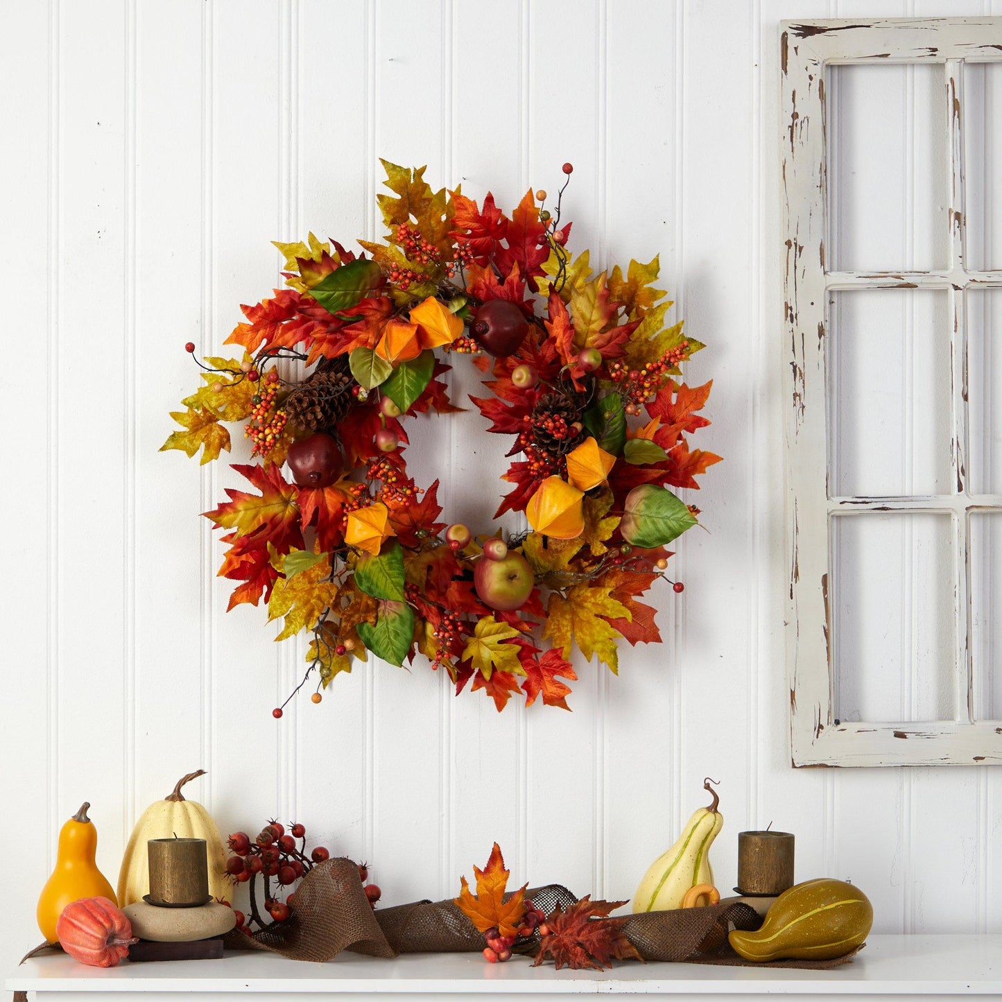 24” Autumn Maple Leaf and Berries Fall Artificial Wreath - Tampa Home & Garden Store