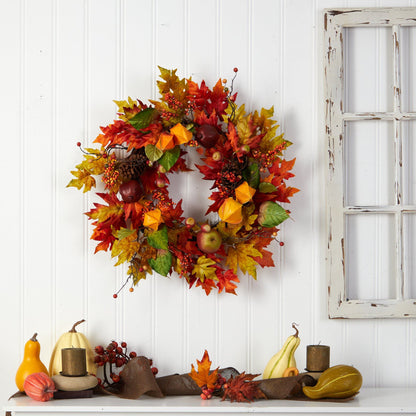 24” Autumn Maple Leaf and Berries Fall Artificial Wreath - Tampa Home & Garden Store