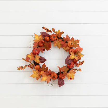 24” Autumn Maple Leaves, Pumpkin, Pinecone and Berries Artificial Fall Wreath - Tampa Home & Garden Store