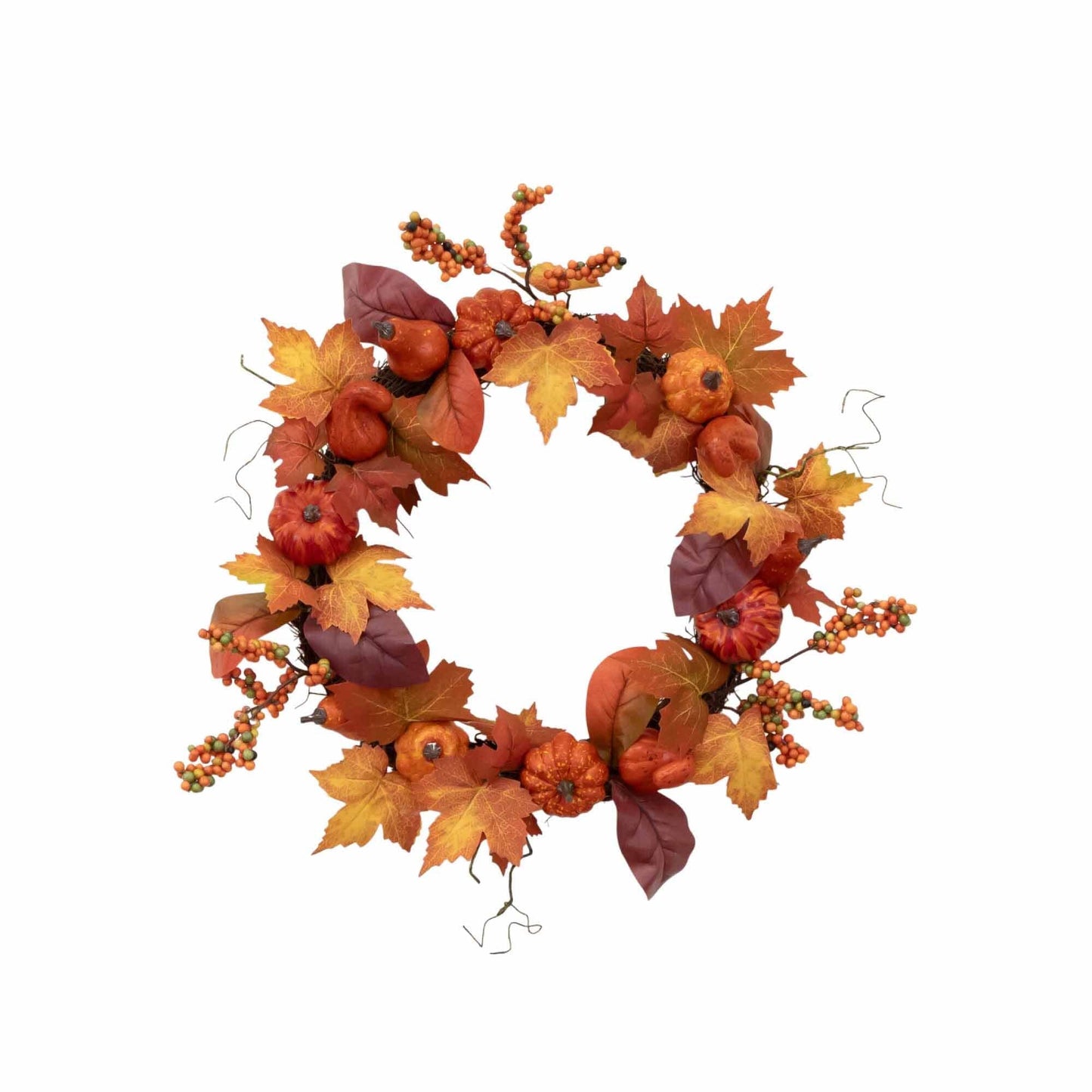 24” Autumn Maple Leaves, Pumpkin, Pinecone and Berries Artificial Fall Wreath - Tampa Home & Garden Store