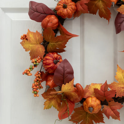 24” Autumn Maple Leaves, Pumpkin, Pinecone and Berries Artificial Fall Wreath - Tampa Home & Garden Store