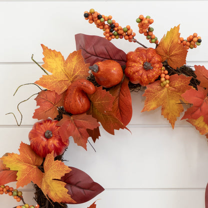 24” Autumn Maple Leaves, Pumpkin, Pinecone and Berries Artificial Fall Wreath - Tampa Home & Garden Store