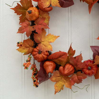 24” Autumn Maple Leaves, Pumpkin, Pinecone and Berries Artificial Fall Wreath - Tampa Home & Garden Store