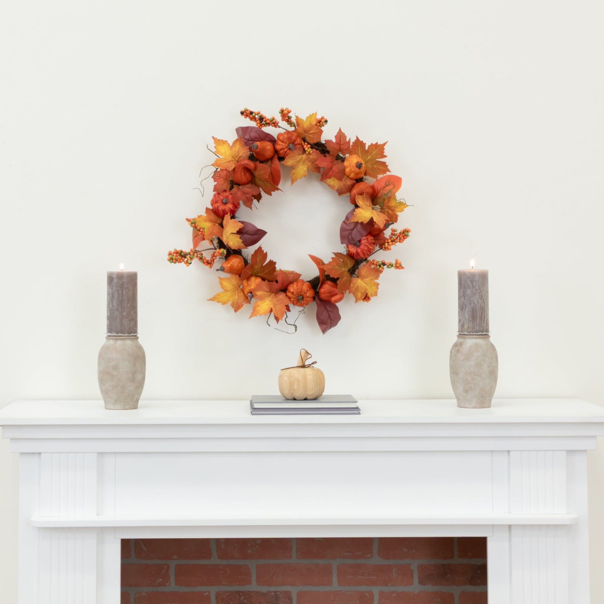 24” Autumn Maple Leaves, Pumpkin, Pinecone and Berries Artificial Fall Wreath - Tampa Home & Garden Store