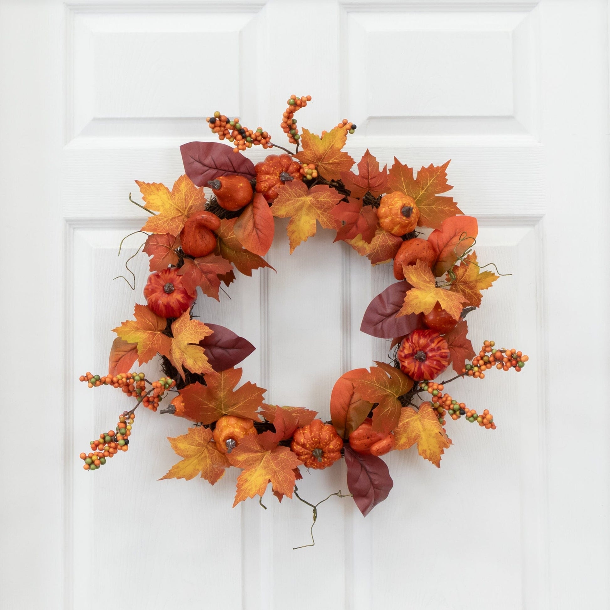 24” Autumn Maple Leaves, Pumpkin, Pinecone and Berries Artificial Fall Wreath - Tampa Home & Garden Store