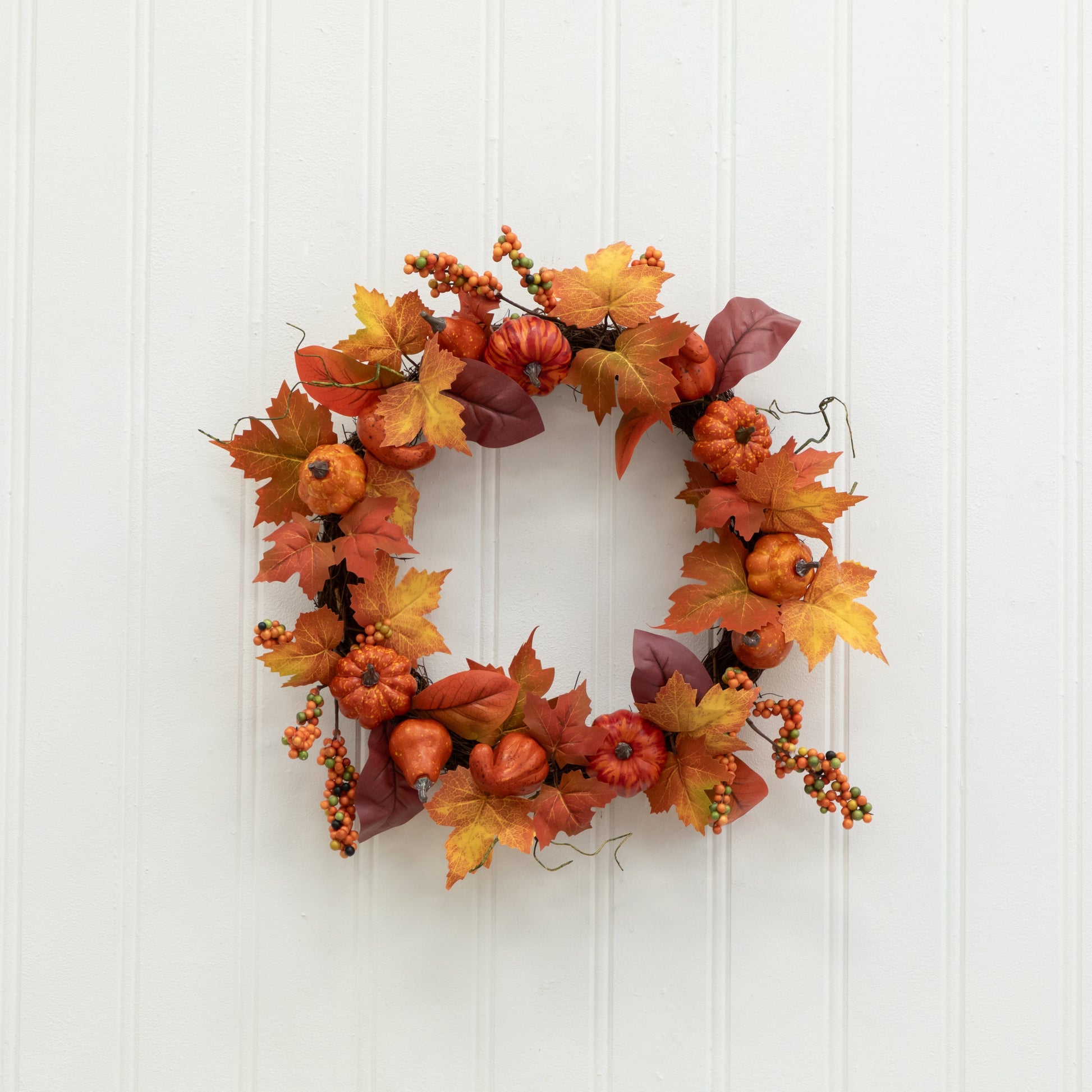 24” Autumn Maple Leaves, Pumpkin, Pinecone and Berries Artificial Fall Wreath - Tampa Home & Garden Store