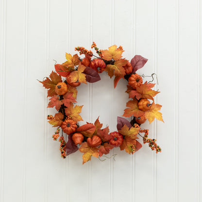 24” Autumn Maple Leaves, Pumpkin, Pinecone and Berries Artificial Fall Wreath - Tampa Home & Garden Store