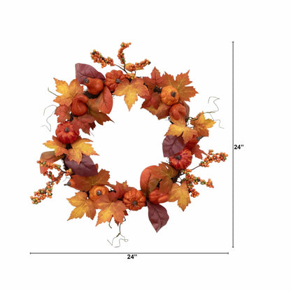 24” Autumn Maple Leaves, Pumpkin, Pinecone and Berries Artificial Fall Wreath - Tampa Home & Garden Store