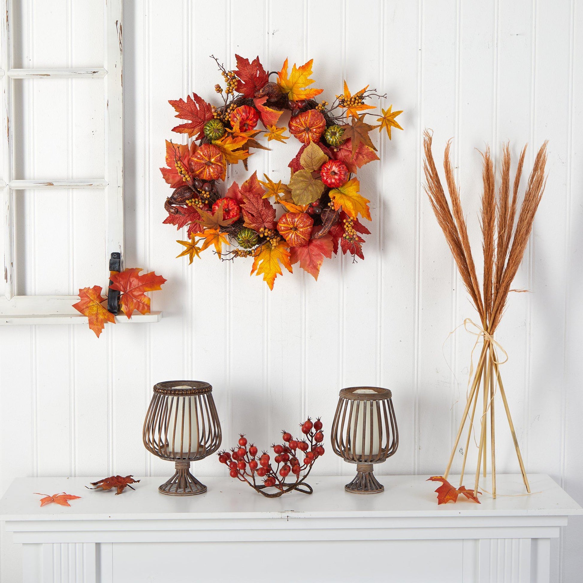 24” Autumn Pumpkin and Berries Artificial Fall Wreath - Tampa Home & Garden Store