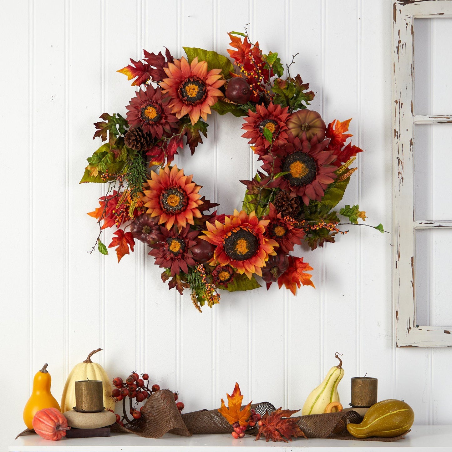 24” Autumn Sunflower, Pumpkin, Pinecone and Berries Fall Artificial Wreat - Tampa Home & Garden Store