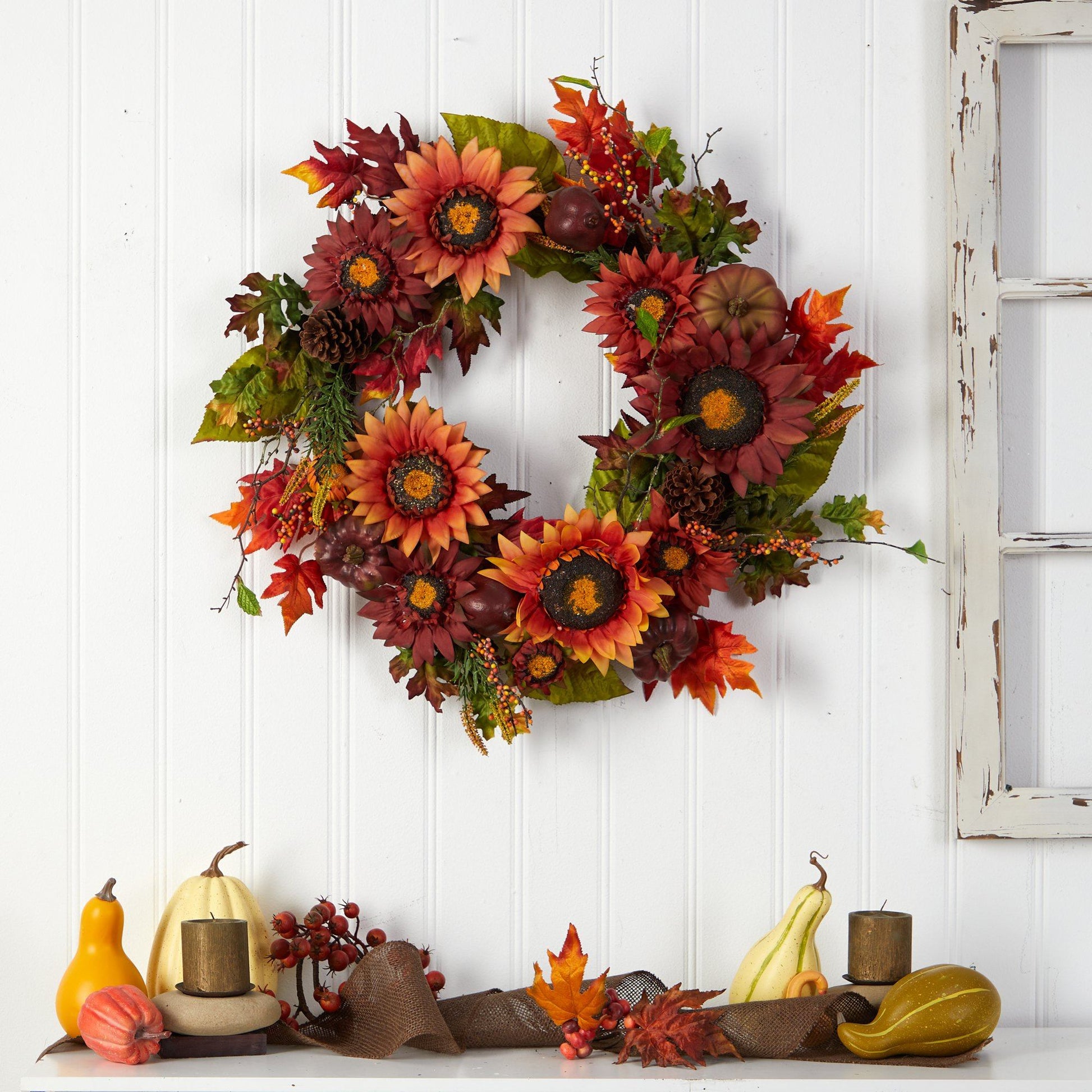 24” Autumn Sunflower, Pumpkin, Pinecone and Berries Fall Artificial Wreat - Tampa Home & Garden Store