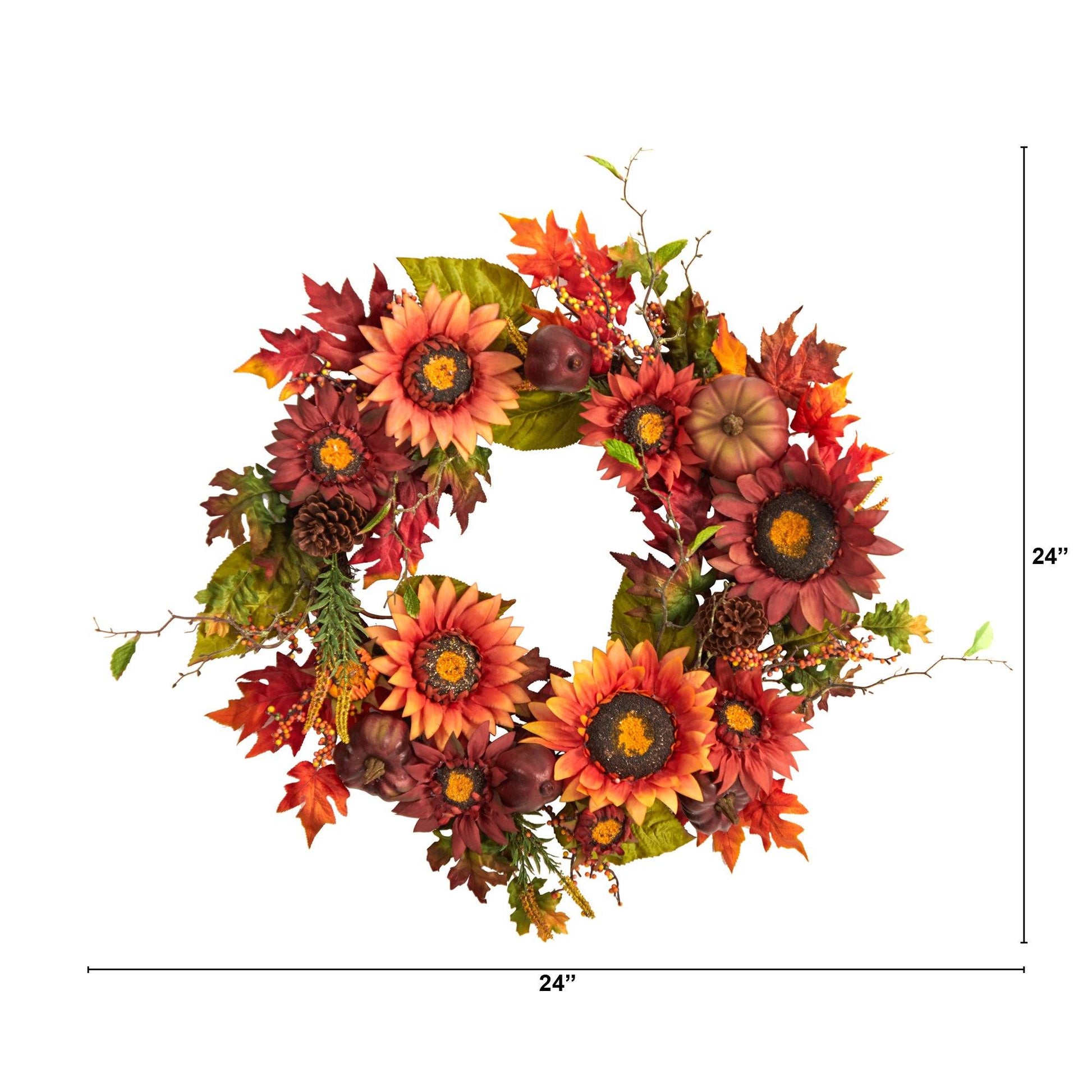 24” Autumn Sunflower, Pumpkin, Pinecone and Berries Fall Artificial Wreat - Tampa Home & Garden Store