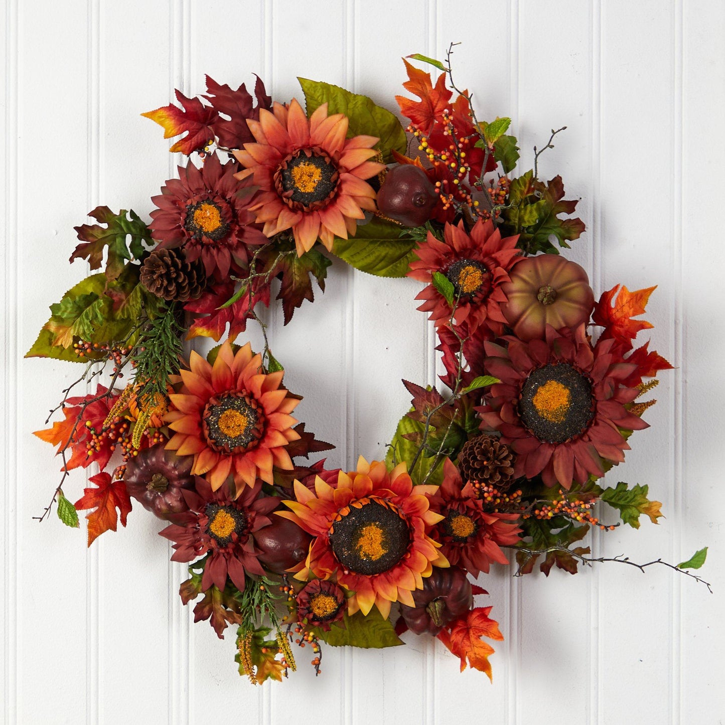 24” Autumn Sunflower, Pumpkin, Pinecone and Berries Fall Artificial Wreat - Tampa Home & Garden Store