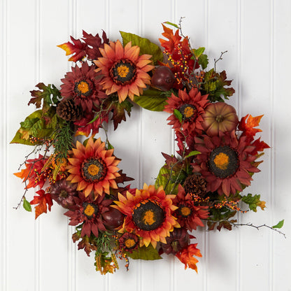 24” Autumn Sunflower, Pumpkin, Pinecone and Berries Fall Artificial Wreat - Tampa Home & Garden Store